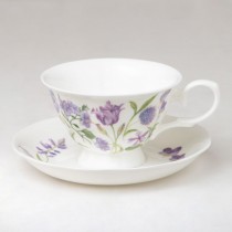 Bone China Purple Flower Cups and Saucers, Set of 4