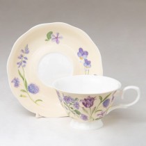 Bone China Purple Flower Yellow Tea Cups and Saucers, Set of 4