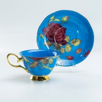 Blue/red Rose Gold Tea Cup and Saucer, Single Set