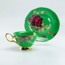 Green/red Rose Gold Tea Cup and Saucer, Single Set