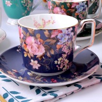 Pink Hydrangea Blue Coffee Cup Saucer, Set of 4