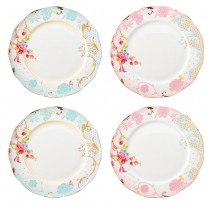 Pink/Blue Rose Dots Assorted Scallop Dinner Plates, Set of 4