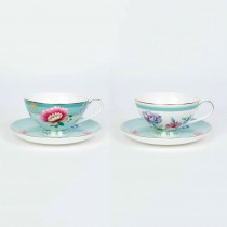 2 Asst Mint Floral Garden Tea Cup Saucer, Set of 4