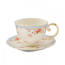 Blue Vintage Rose Teacups and Saucers, Set of 4