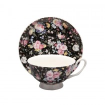 Victoria Black Rose Tea Cups and Saucers, Set of 4
