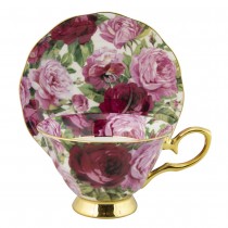 Gold Rose Bloom Bone China Cups with Saucers Single Set