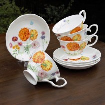 Orange Dahlia Tea Cups and Saucers, Set of 4