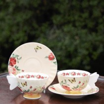 Peach Pink Butterfly Handle Rose Bone China Coffee Cups and Saucers, Set of 4