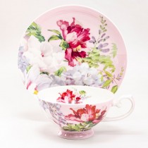 Bone China Peony Bloom Pink Tea/coffee  Cups and Saucers, Set of 4
