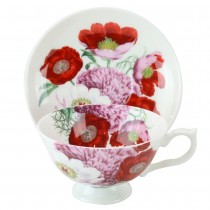 Bone China Red Poppy Tea/coffee Cups and Saucers, Set of 4