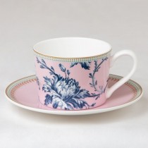Blue Rose Toile Pink Coffee Cups and Saucers, Set of 4