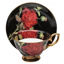 Black/red Rose Gold Tea Cup and Saucer, Single Set